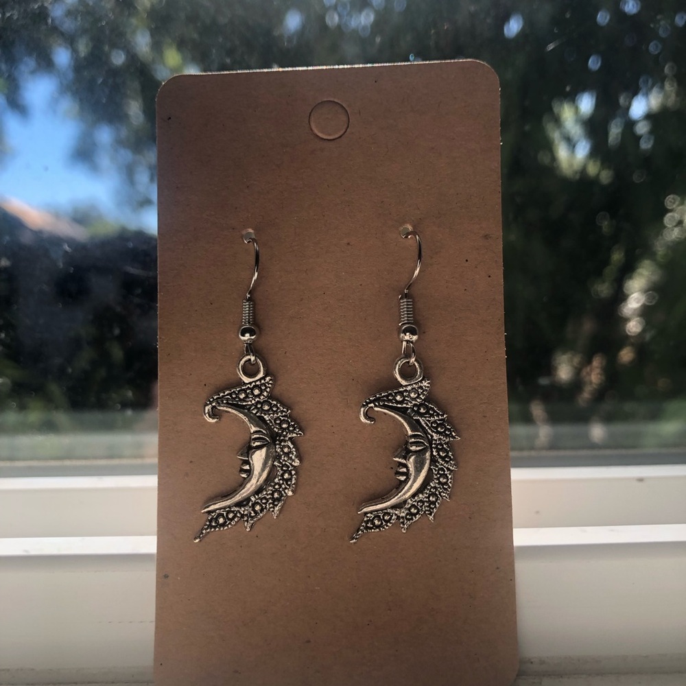 Silver Moon Face Dangle Earrings - Women Jewelry